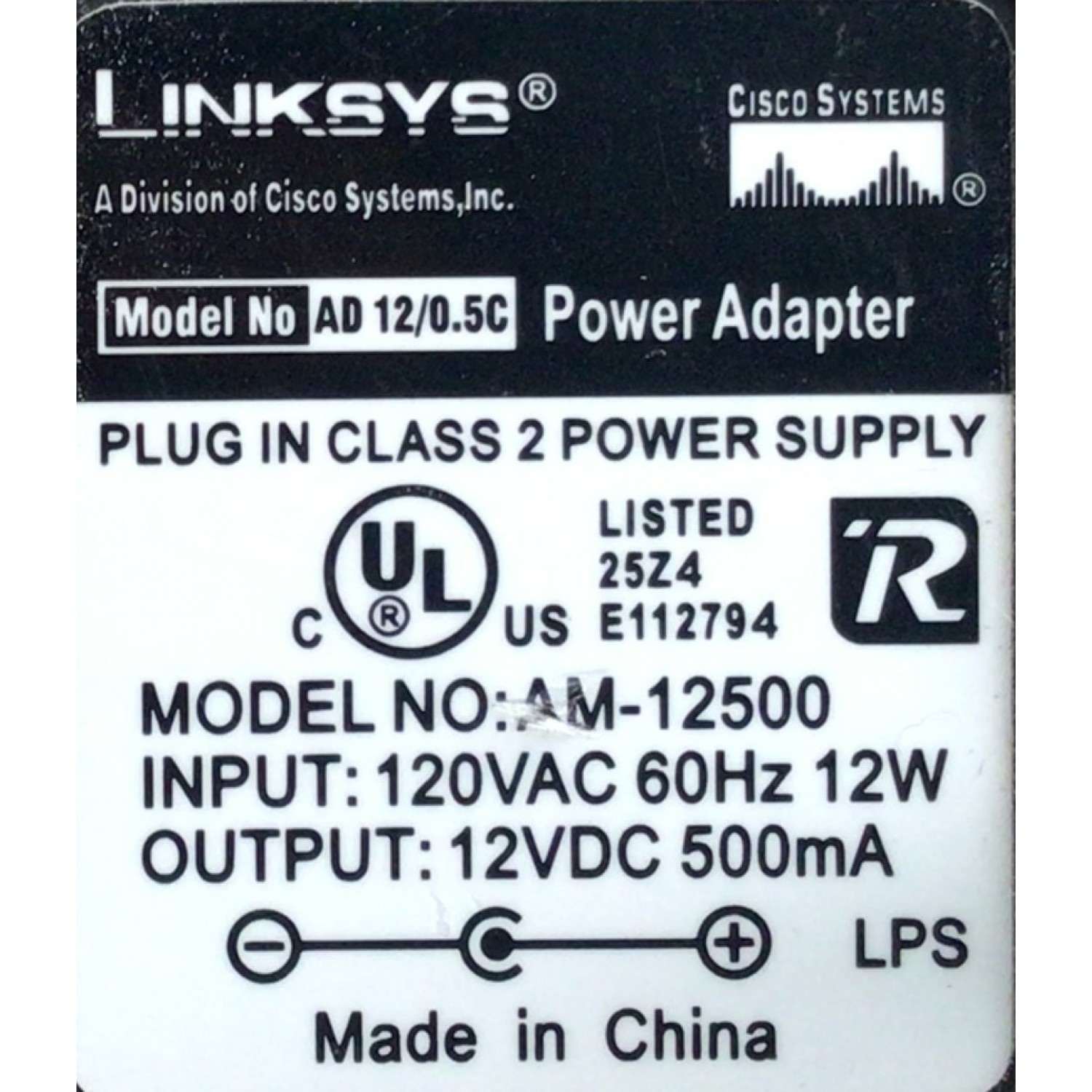 CARGADOR / ADAPTADOR DE FUENTE DE ALIMENTACION LINKSYS / VCA-VCD / NUMERO DE PARTE AM-12500 / 25Z4 / E112794 / ENTRADA VCA 120V 60HZ 12W / SALIDA VCD 12V 500MA / MODELO AM-12500 - Imagen 2
